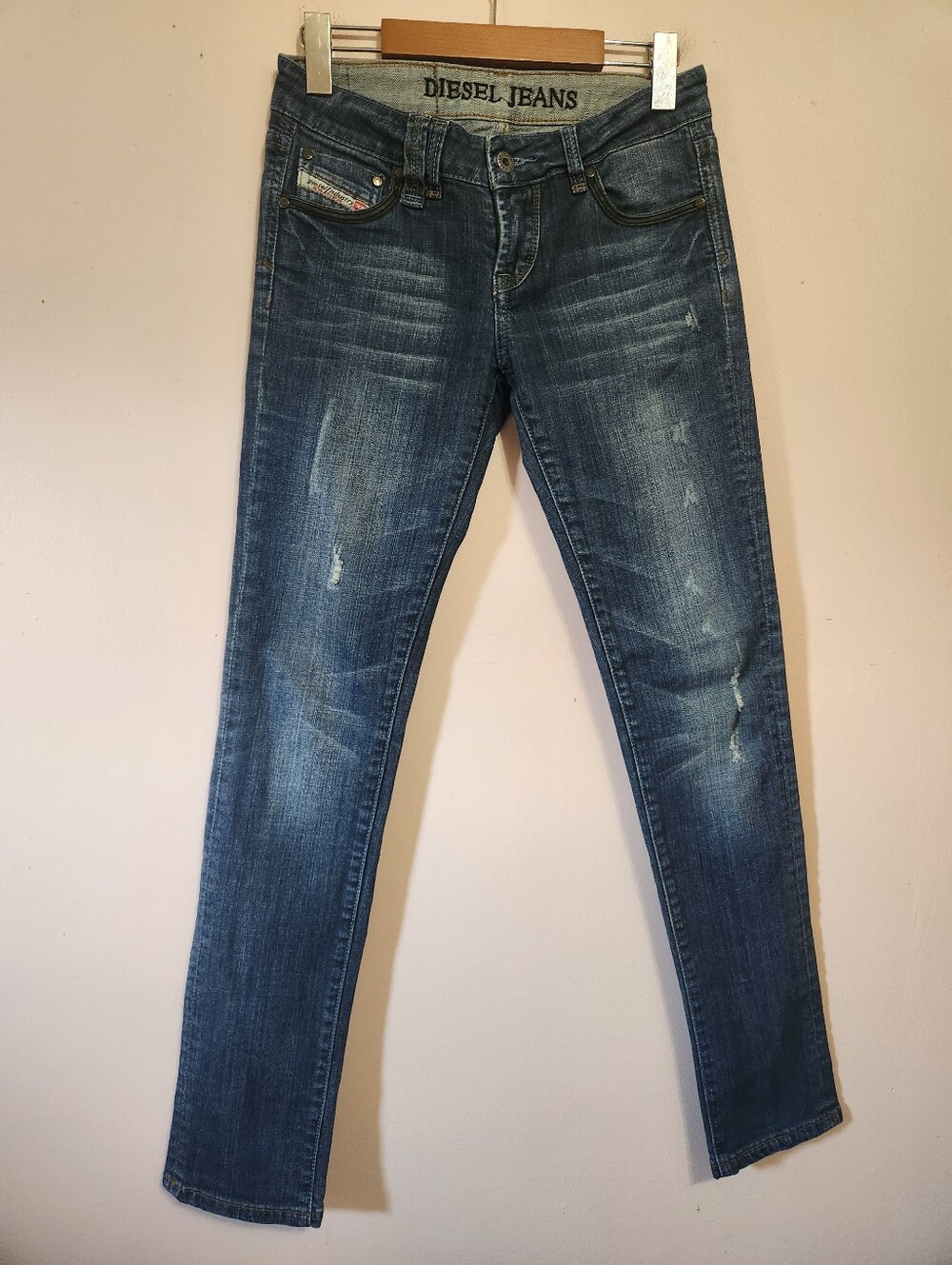 Vintage Y2K Diesel Low Rise Skinny Jeans Rhinestone Bling Pockets Dark Wash 27